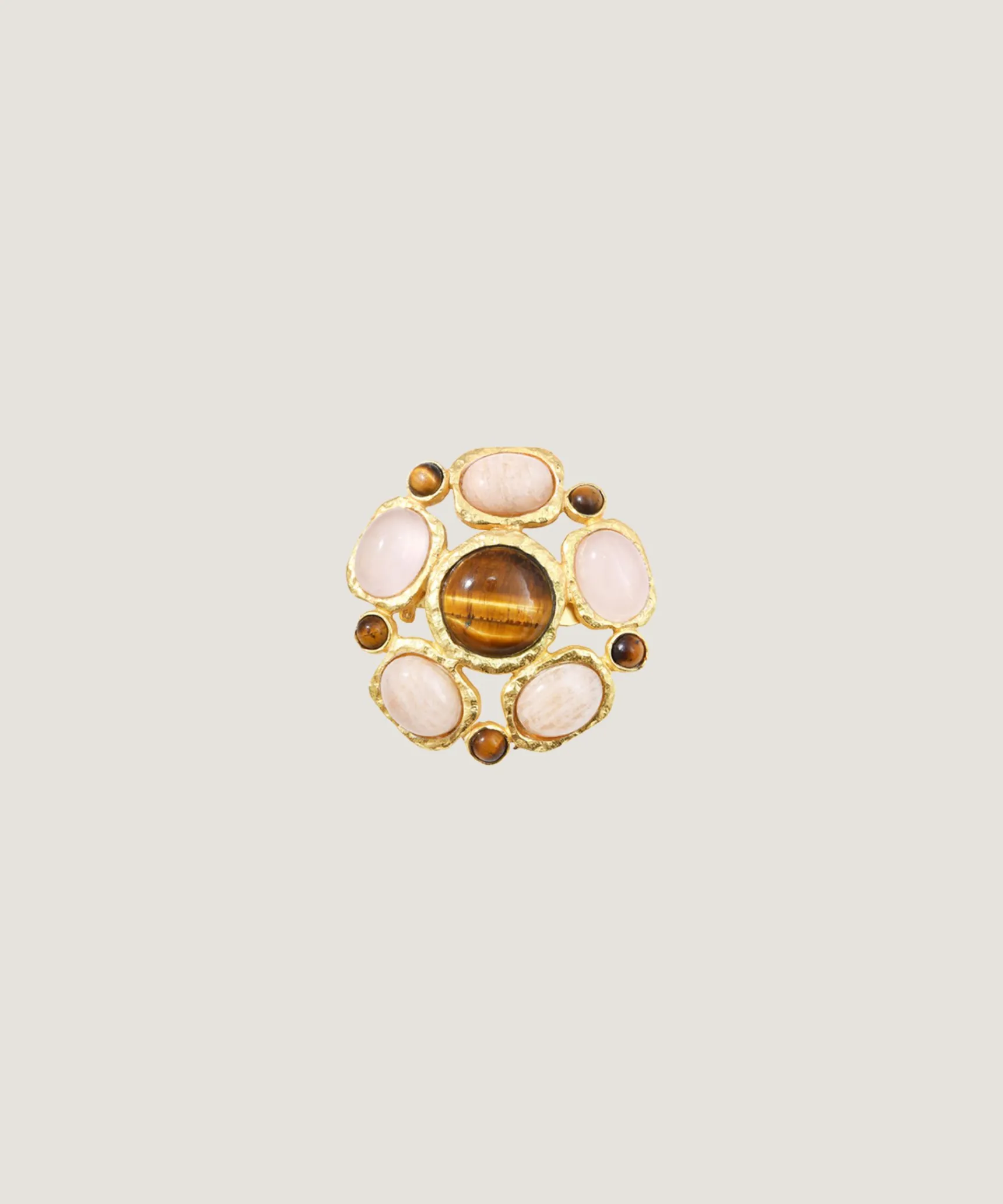 Clearance Rodier Broche multi-pierres quartz rose et œil de tigre DEAR CHARLOTTE X jaune or