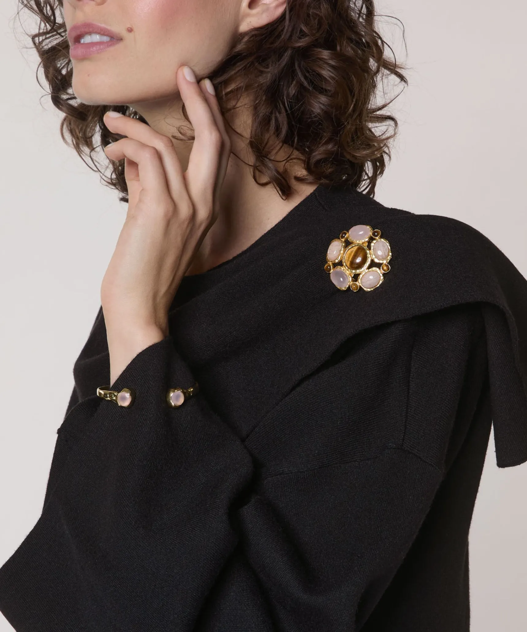 Clearance Rodier Broche multi-pierres quartz rose et œil de tigre DEAR CHARLOTTE X jaune or