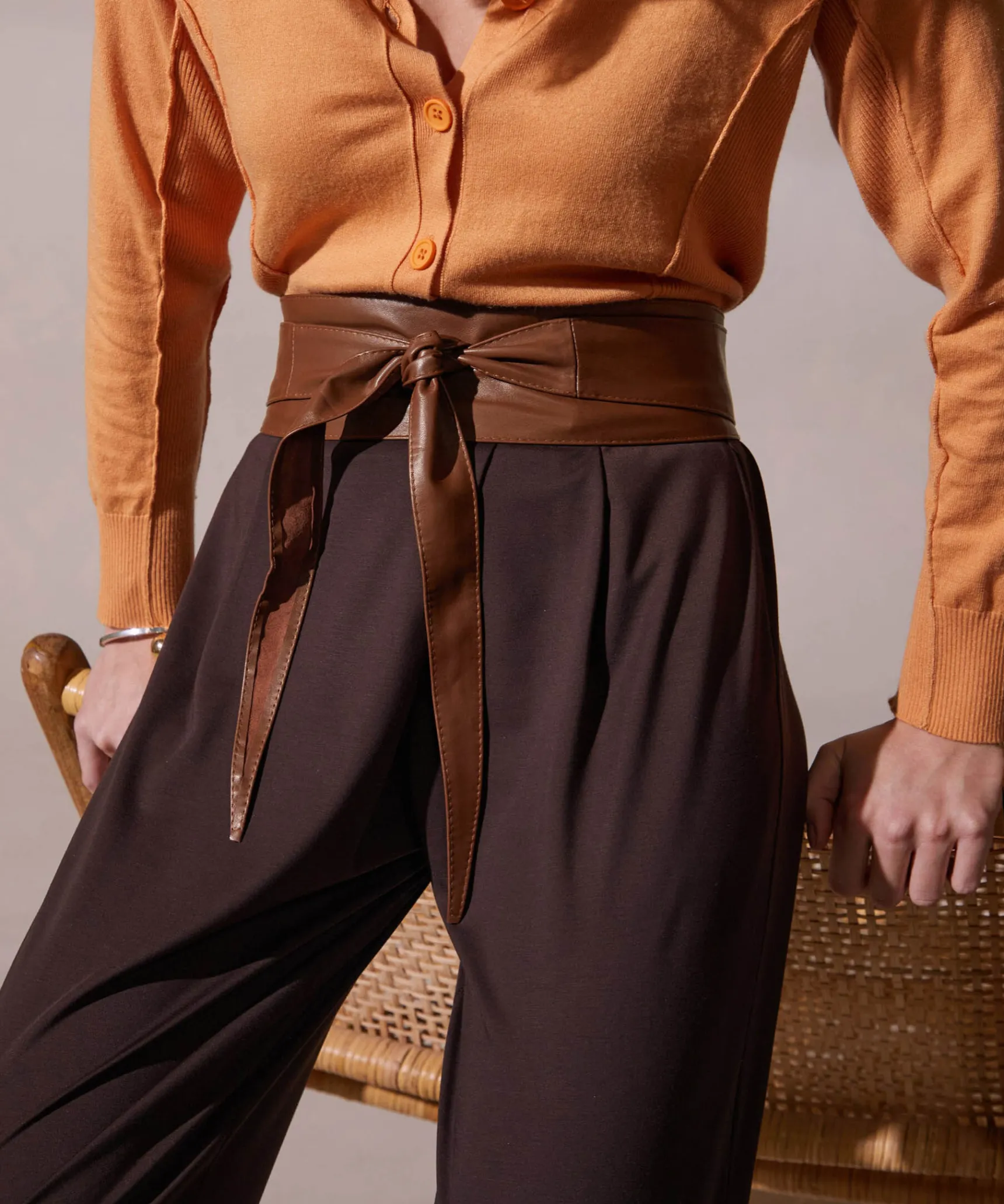 Hot Rodier Ceinture large à nouer en cuir marron foncé