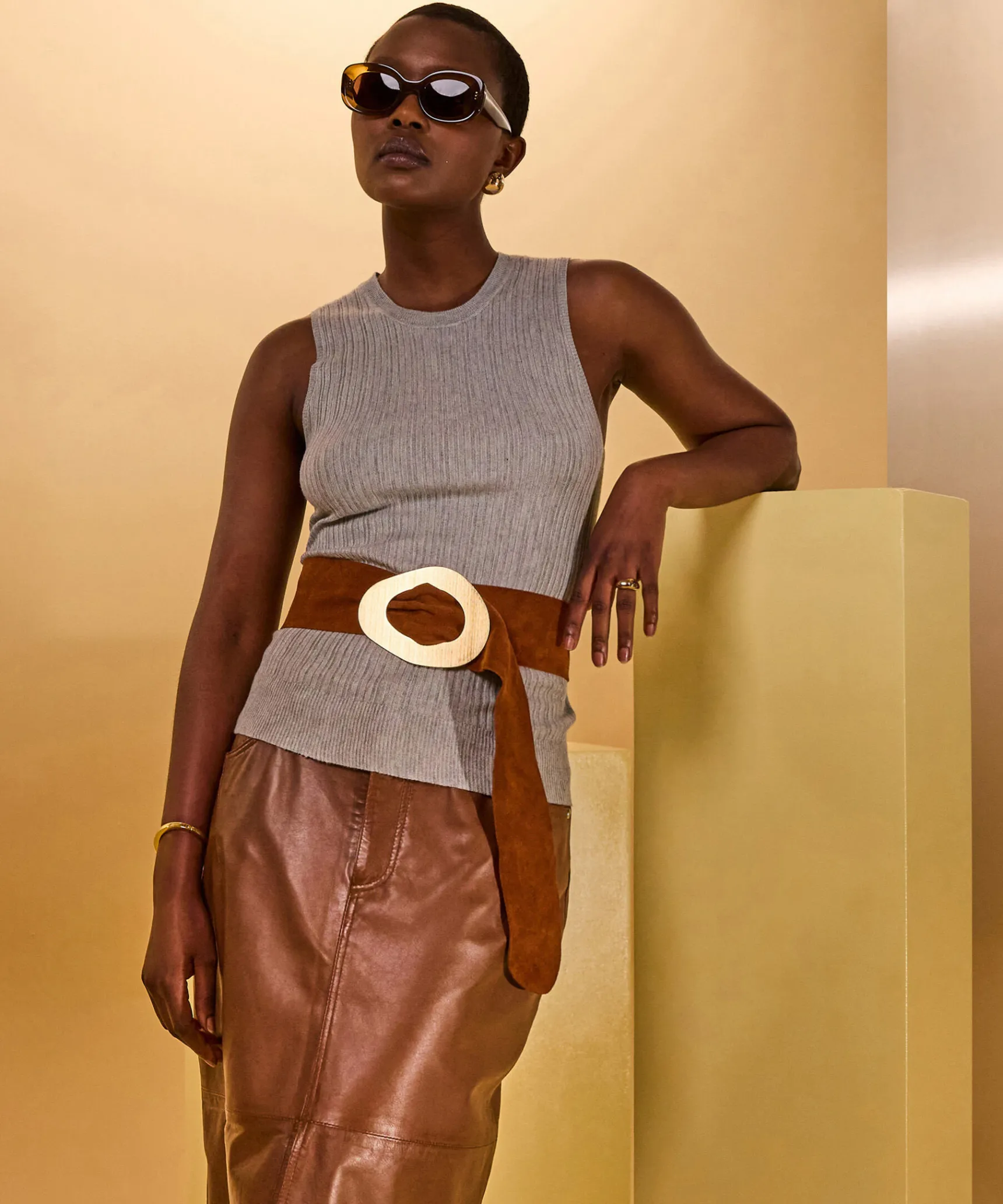 Best Rodier Ceinture large en cuir velours marron camel