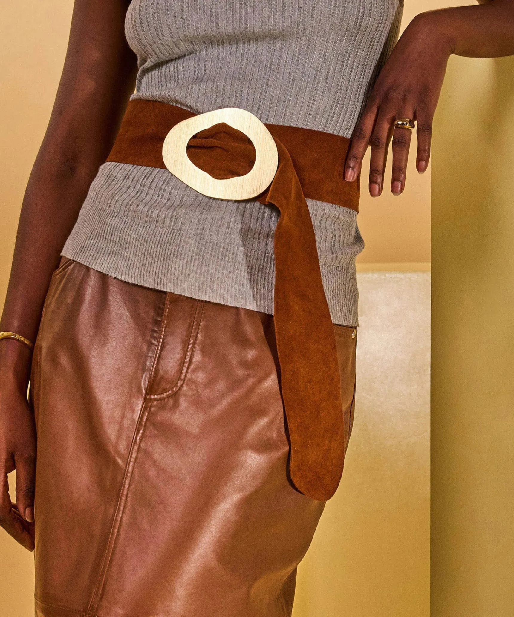 Best Rodier Ceinture large en cuir velours marron camel