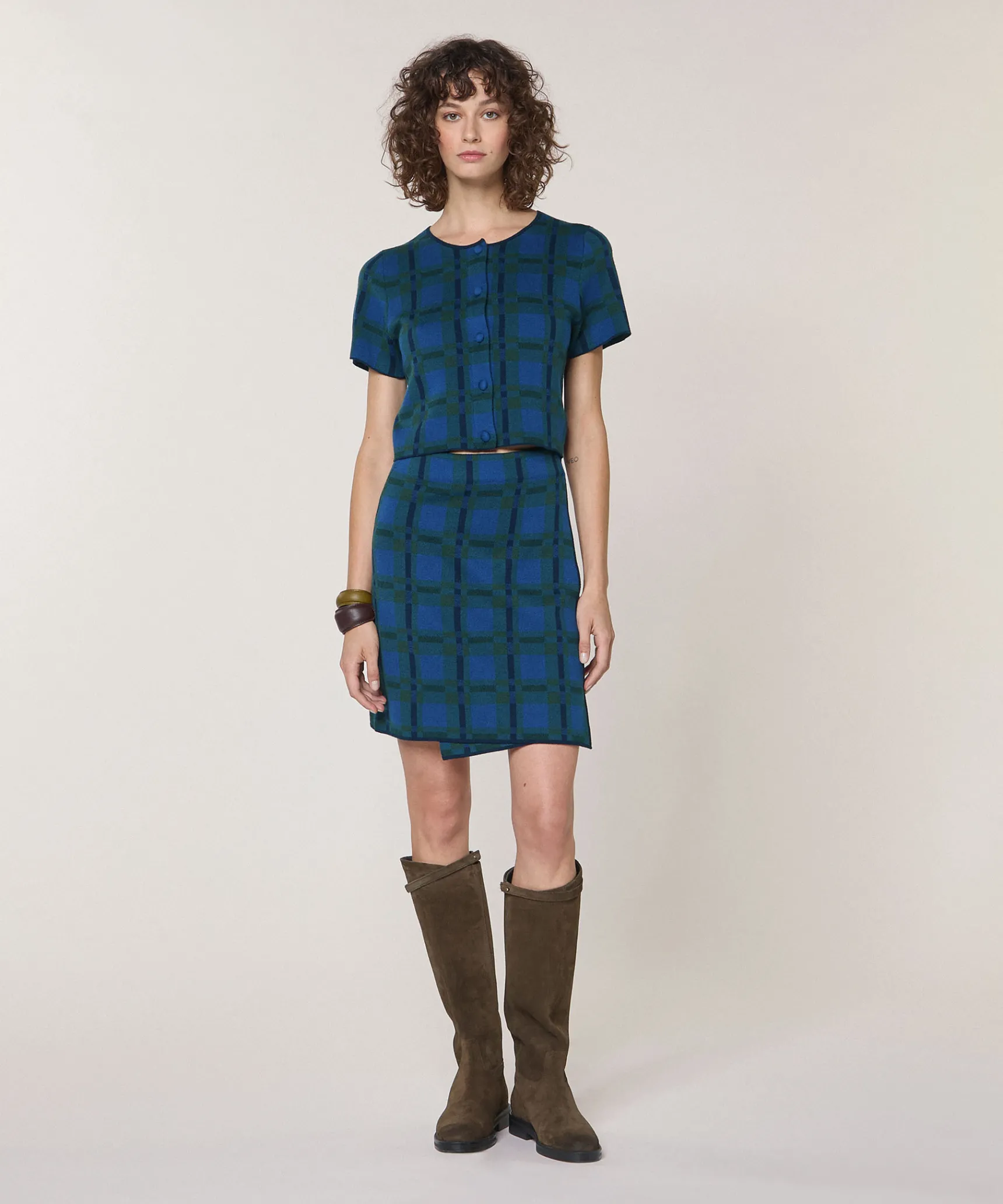 Rodier Chemise courte à carreaux en maille bleu