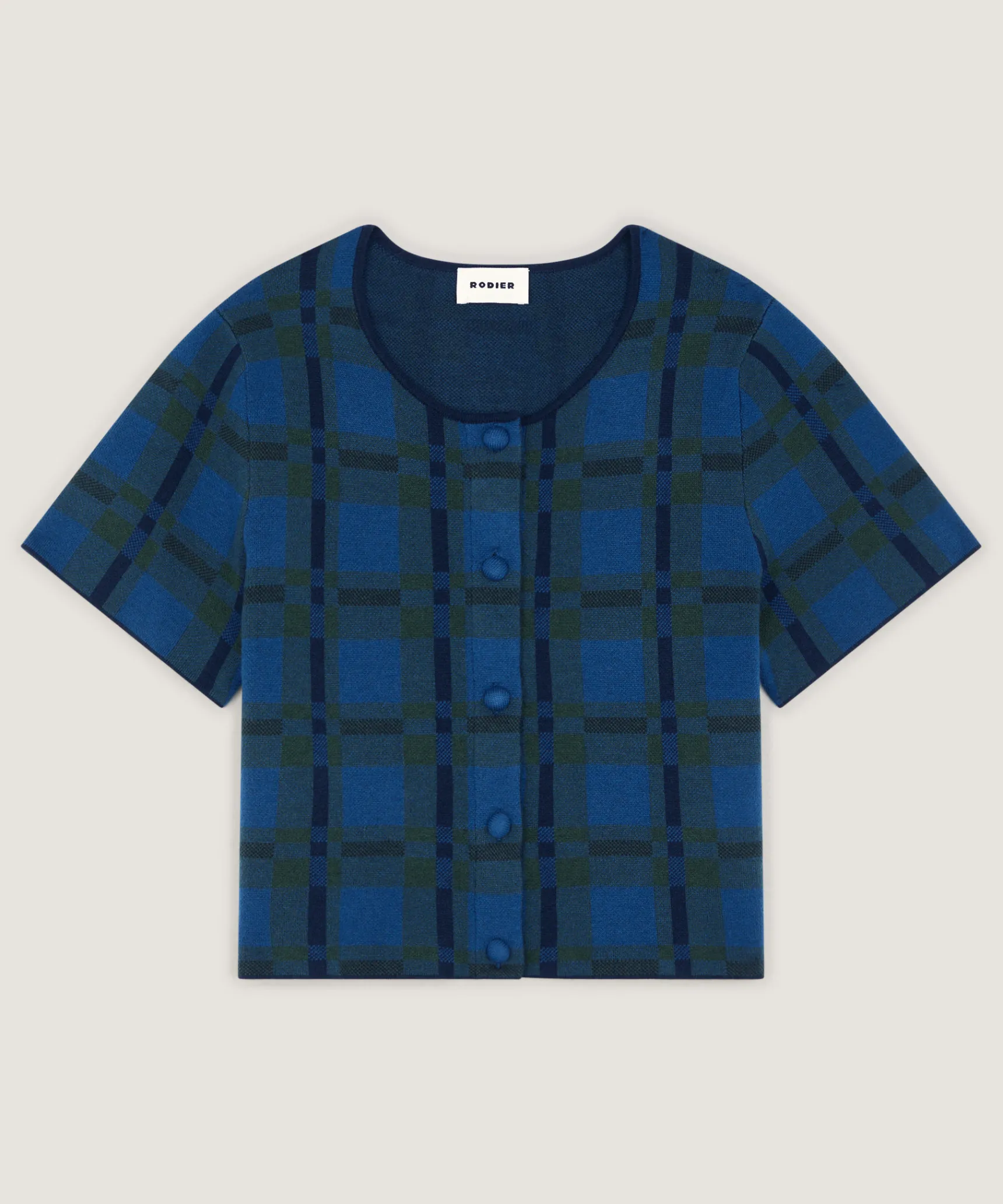 Rodier Chemise courte à carreaux en maille bleu