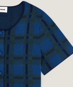 Rodier Chemise courte à carreaux en maille bleu