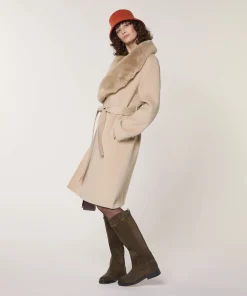 Hot Rodier Manteau en laine col fausse fourrure beige
