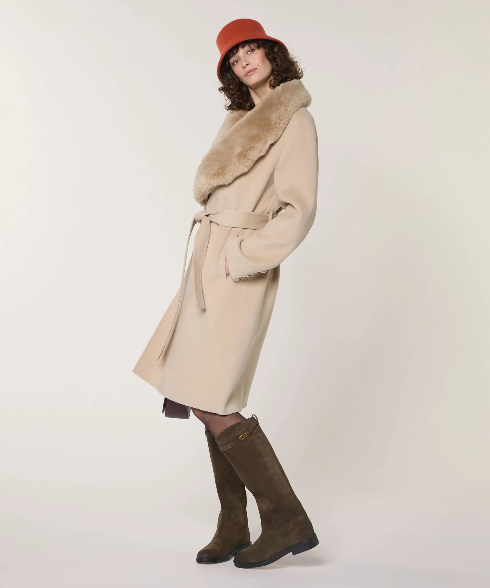 Hot Rodier Manteau en laine col fausse fourrure beige