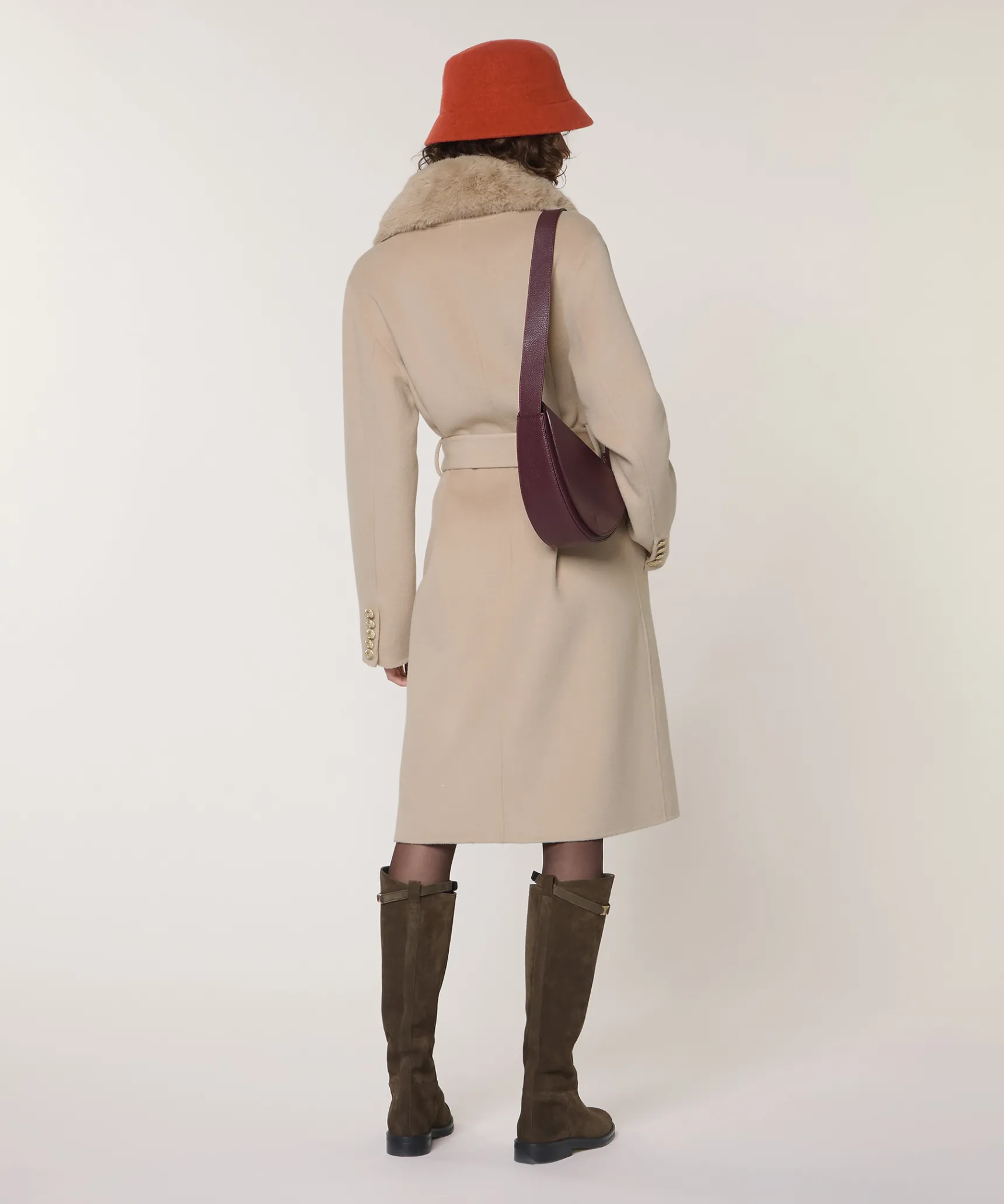 Hot Rodier Manteau en laine col fausse fourrure beige