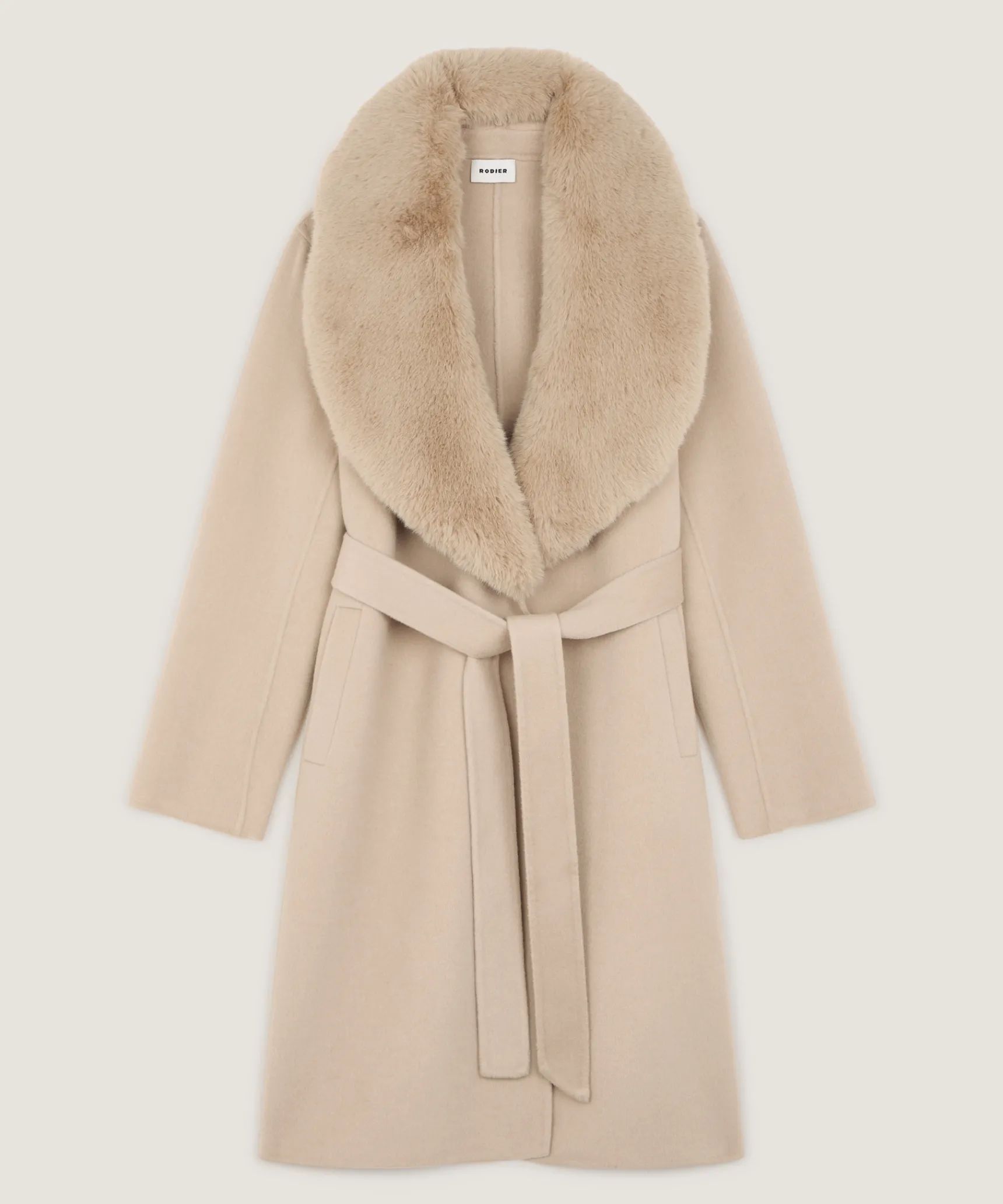 Hot Rodier Manteau en laine col fausse fourrure beige
