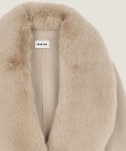 Hot Rodier Manteau en laine col fausse fourrure beige