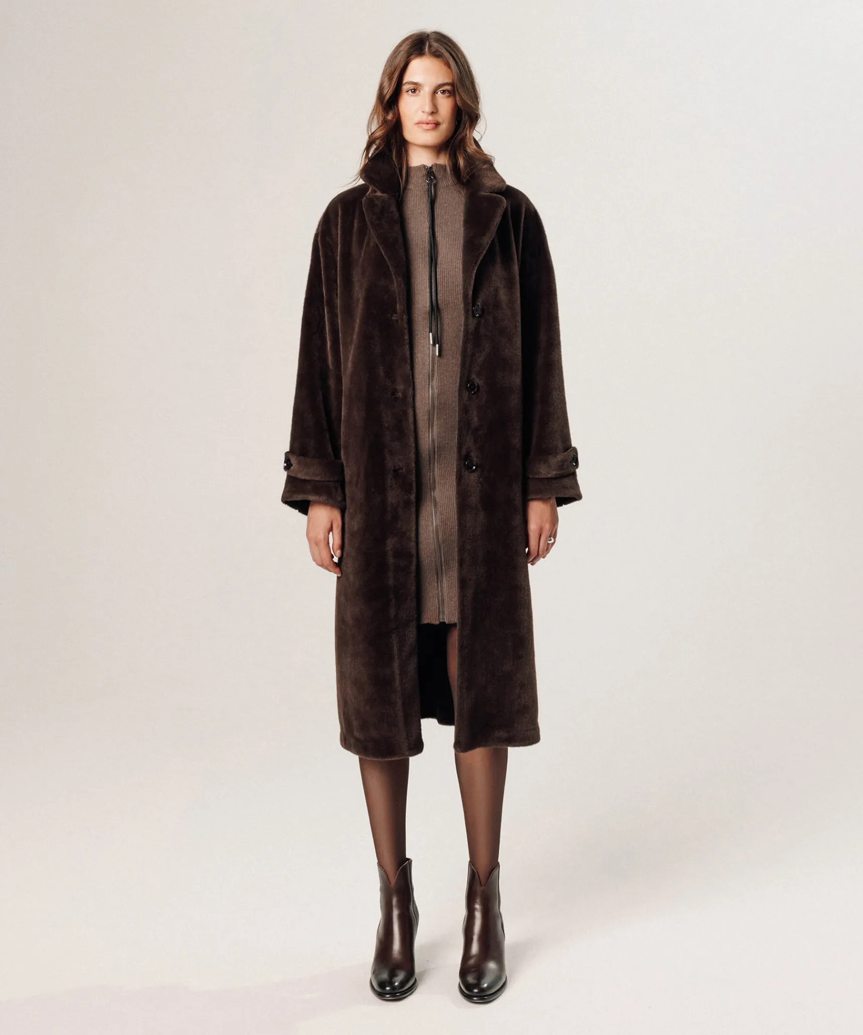 Hot Rodier Manteau long fausse fourrure marron fonce