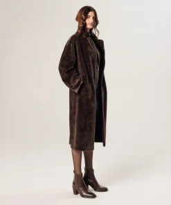 Hot Rodier Manteau long fausse fourrure marron fonce
