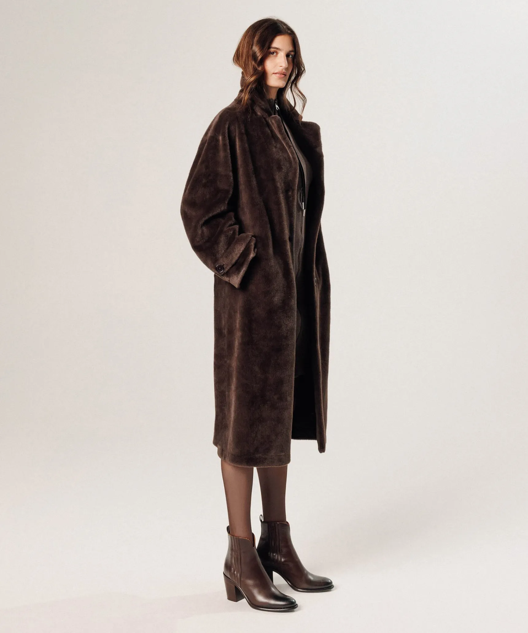 Hot Rodier Manteau long fausse fourrure marron fonce