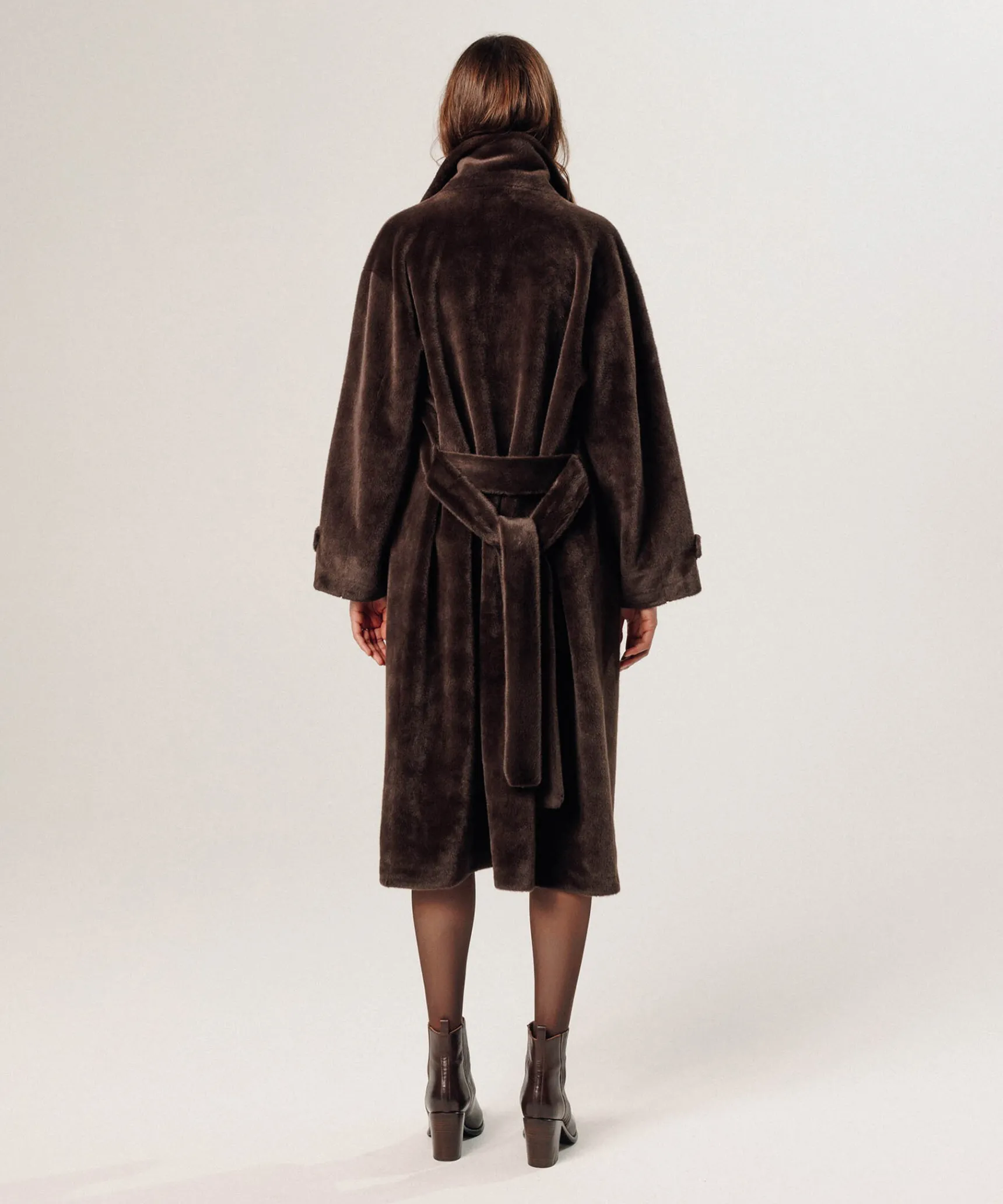 Hot Rodier Manteau long fausse fourrure marron fonce