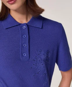 Discount Rodier Polo brodé manche courte en laine mérinos bleu outremer