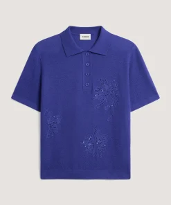 Discount Rodier Polo brodé manche courte en laine mérinos bleu outremer