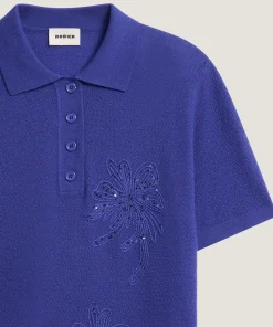 Discount Rodier Polo brodé manche courte en laine mérinos bleu outremer