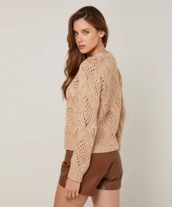 Outlet Rodier Pull ajouré en coton et laine beige ficelle