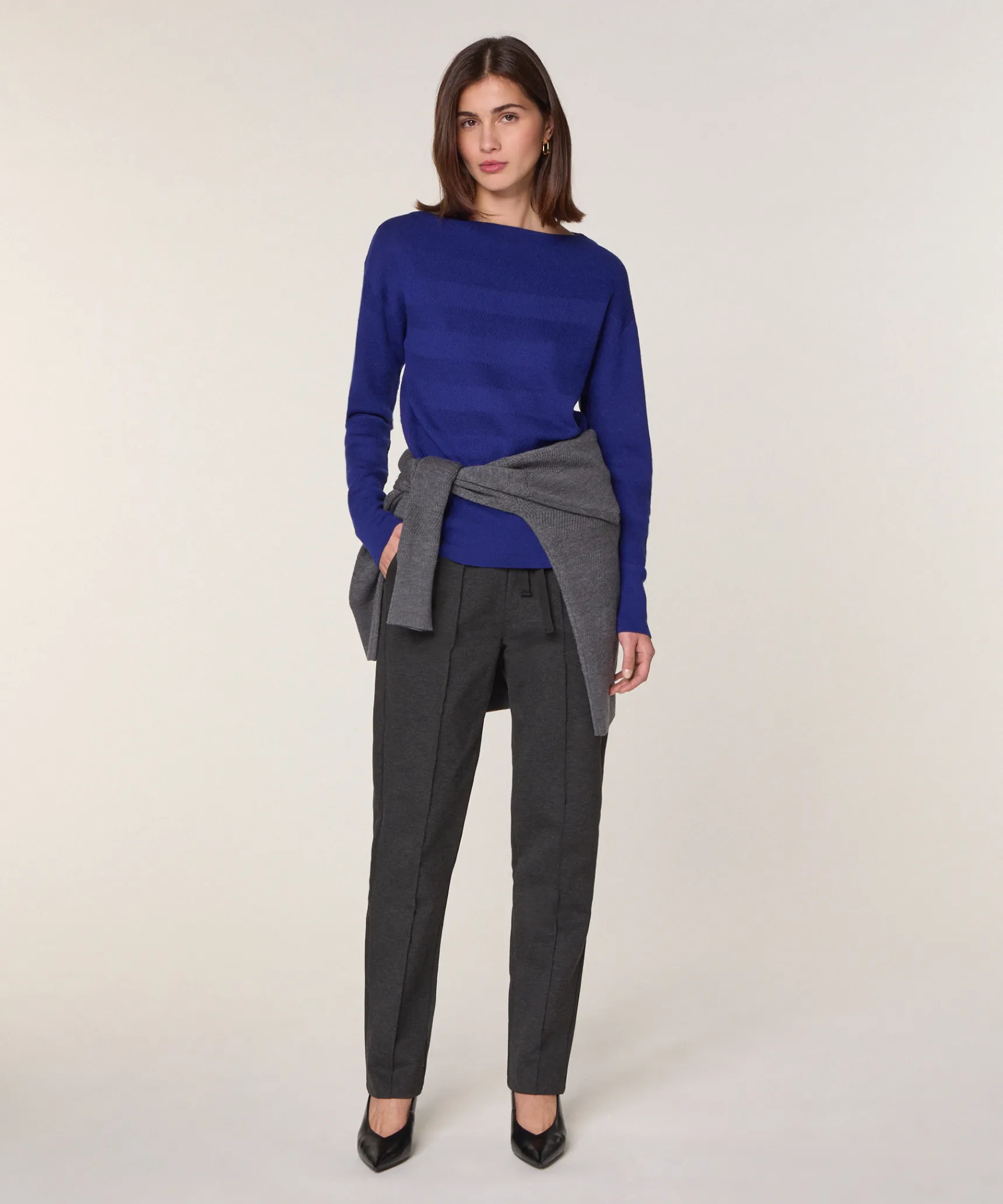 Clearance Rodier Pull col bateau en laine mérinos bleu océan