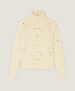 Rodier Pull col montant ajouré en coton et laine blanc ivoire