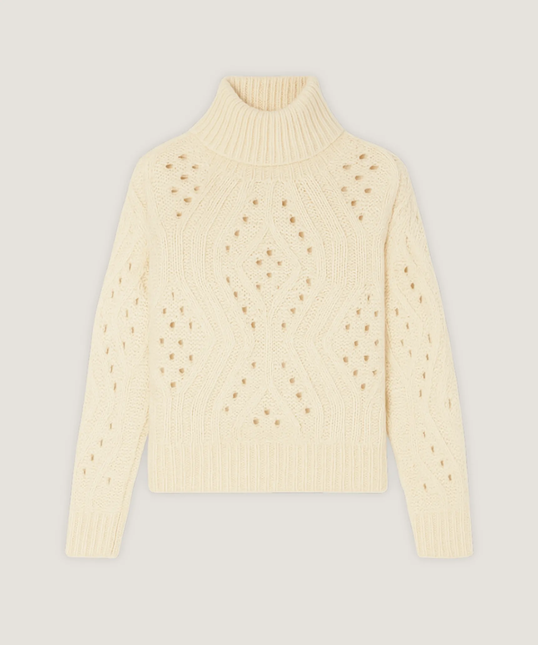 Rodier Pull col montant ajouré en coton et laine blanc ivoire