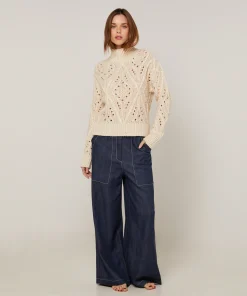 Rodier Pull col montant ajouré en coton et laine blanc ivoire