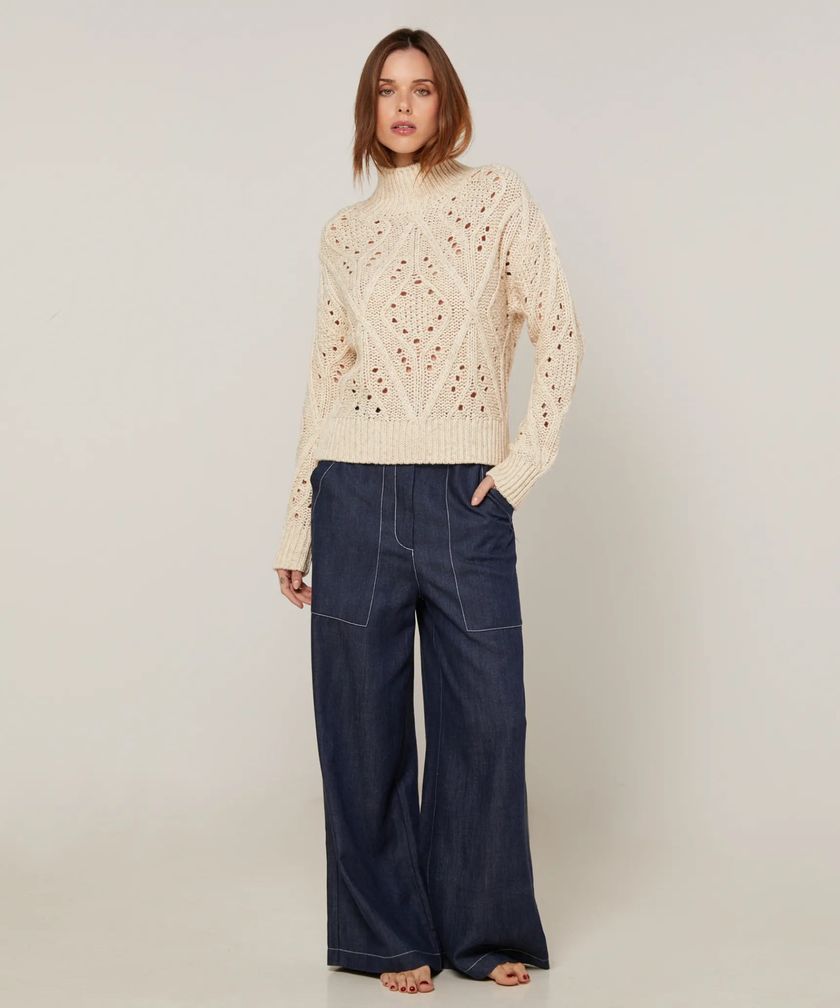 Rodier Pull col montant ajouré en coton et laine blanc ivoire