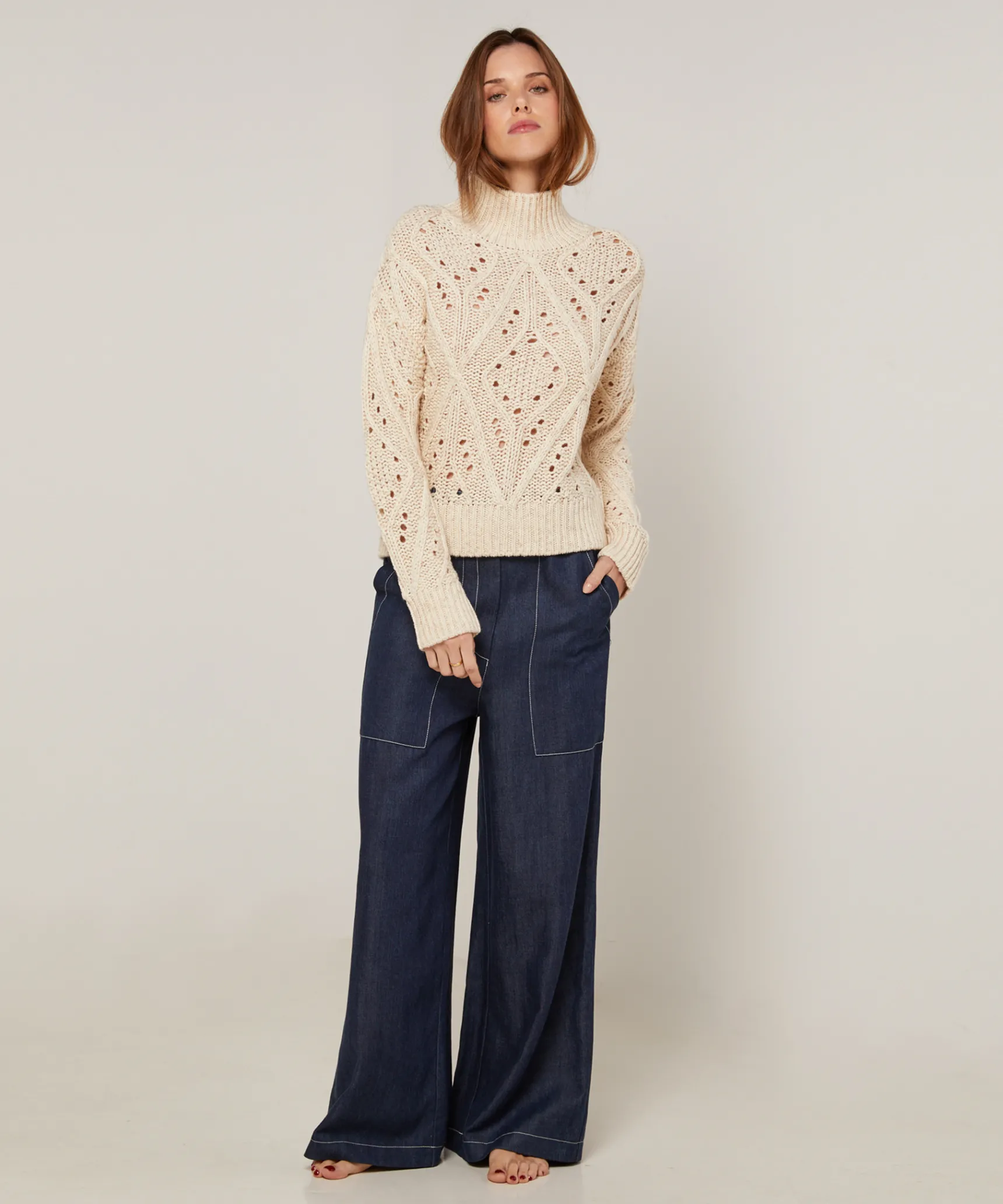 Rodier Pull col montant ajouré en coton et laine blanc ivoire