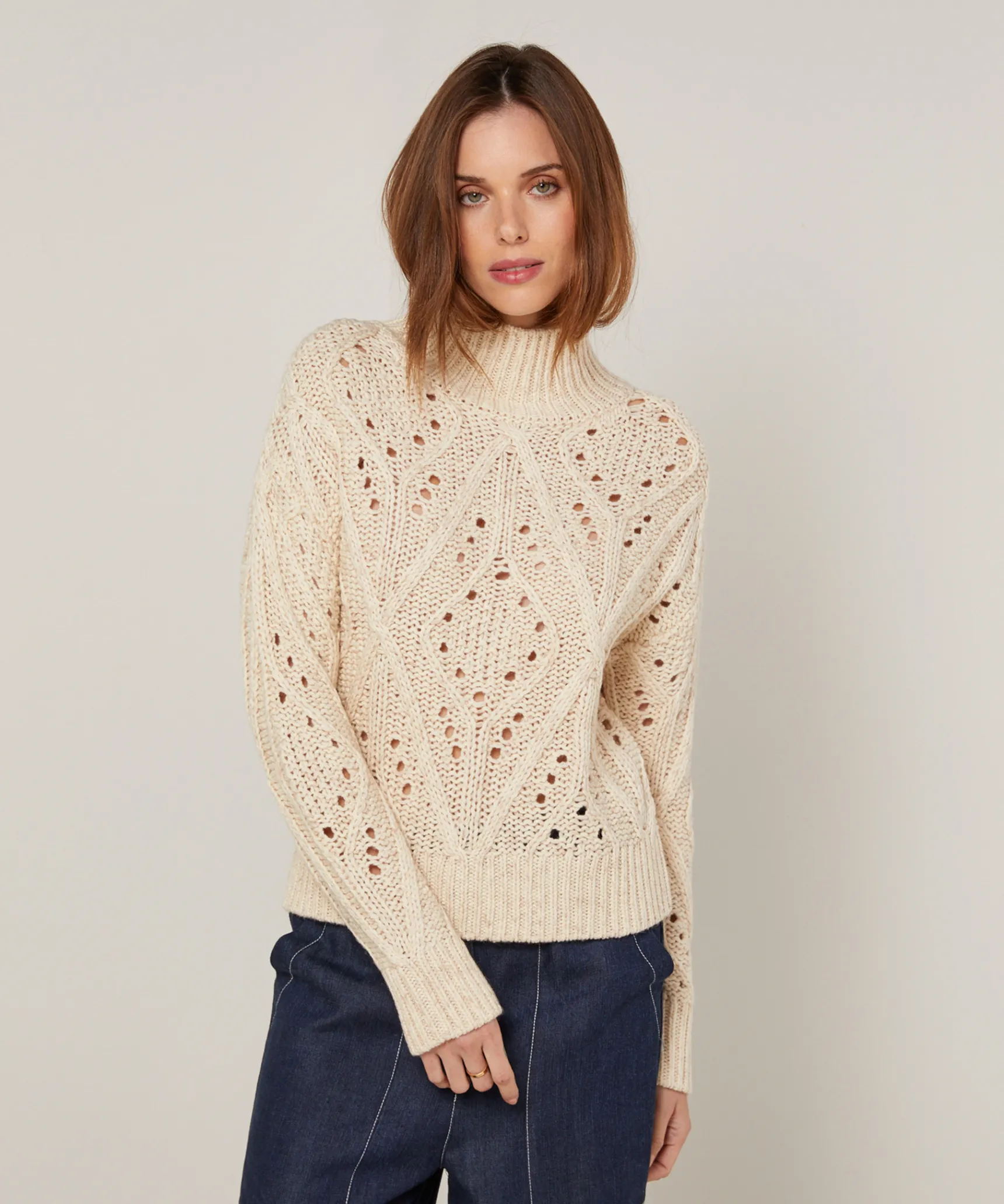 Rodier Pull col montant ajouré en coton et laine blanc ivoire