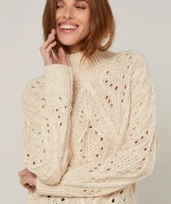 Rodier Pull col montant ajouré en coton et laine blanc ivoire