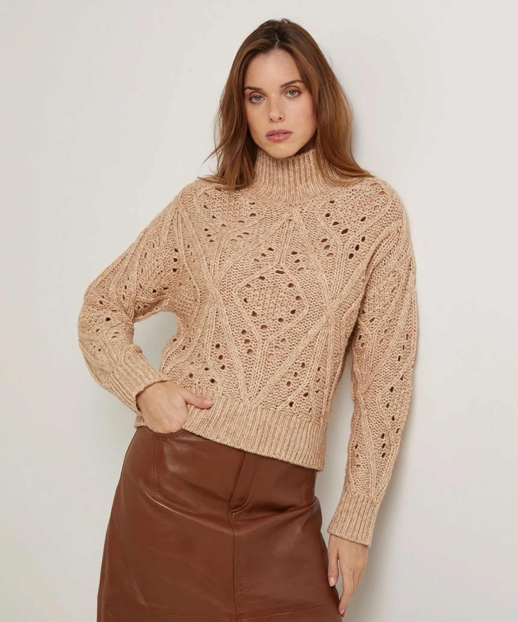 Online Rodier Pull col montant ajouré en coton et laine beige ficelle
