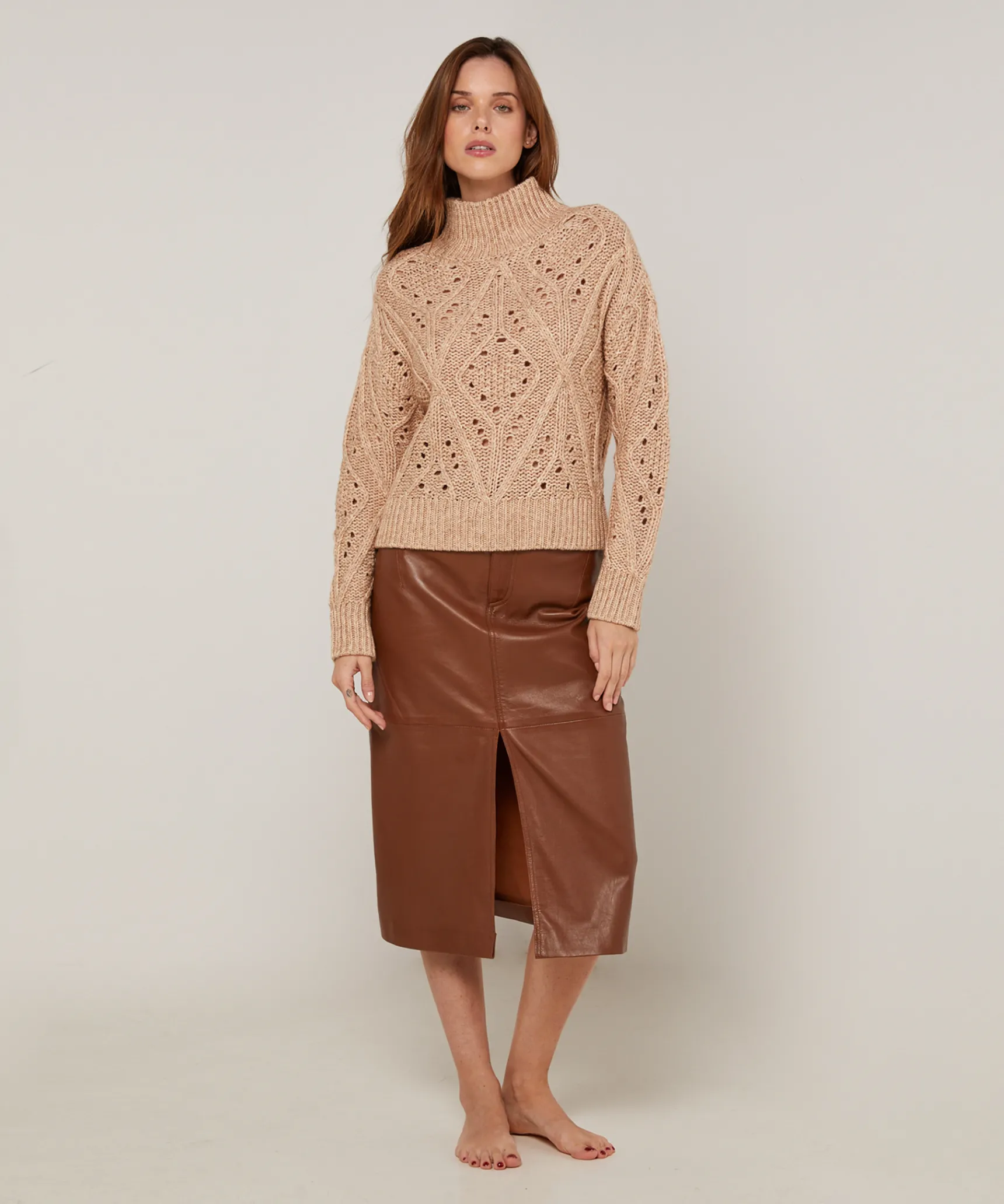Online Rodier Pull col montant ajouré en coton et laine beige ficelle