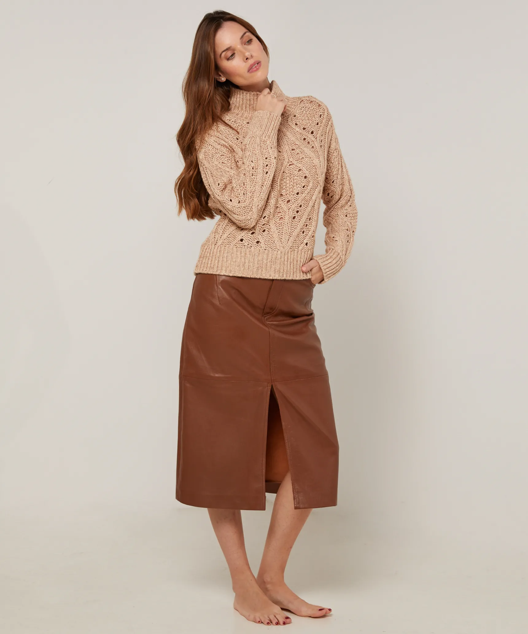 Online Rodier Pull col montant ajouré en coton et laine beige ficelle