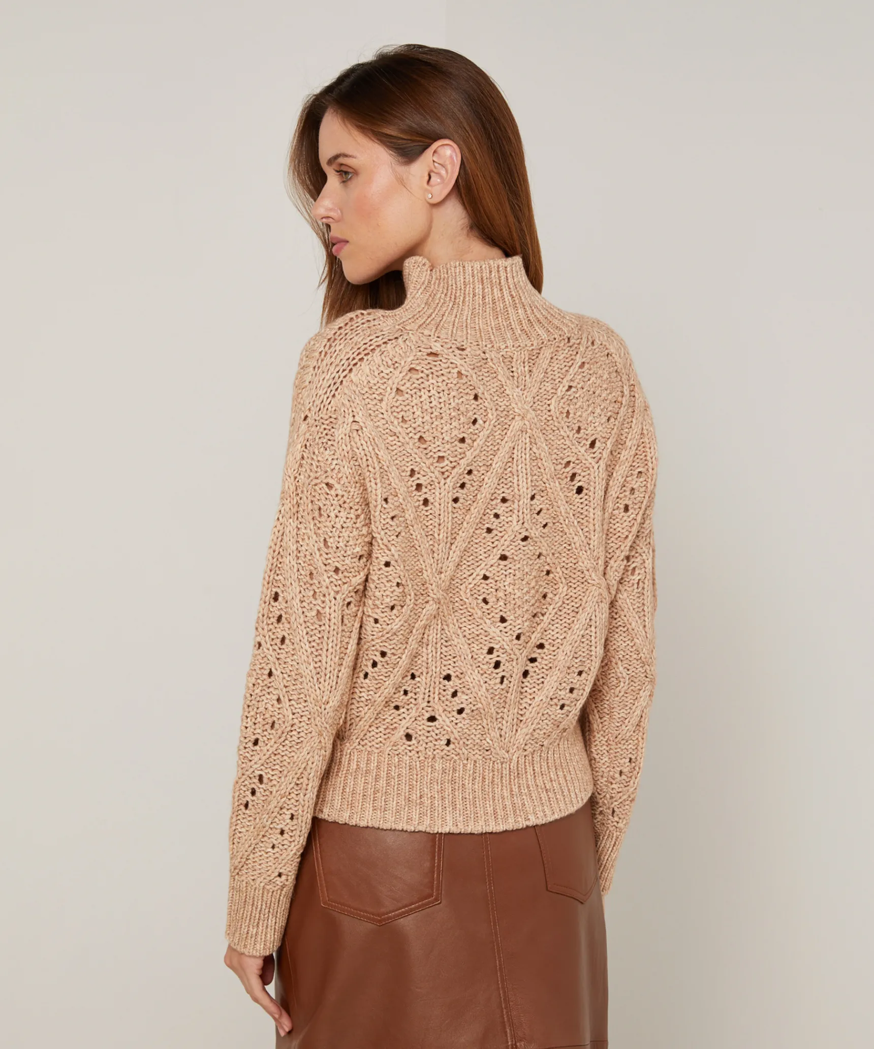 Online Rodier Pull col montant ajouré en coton et laine beige ficelle