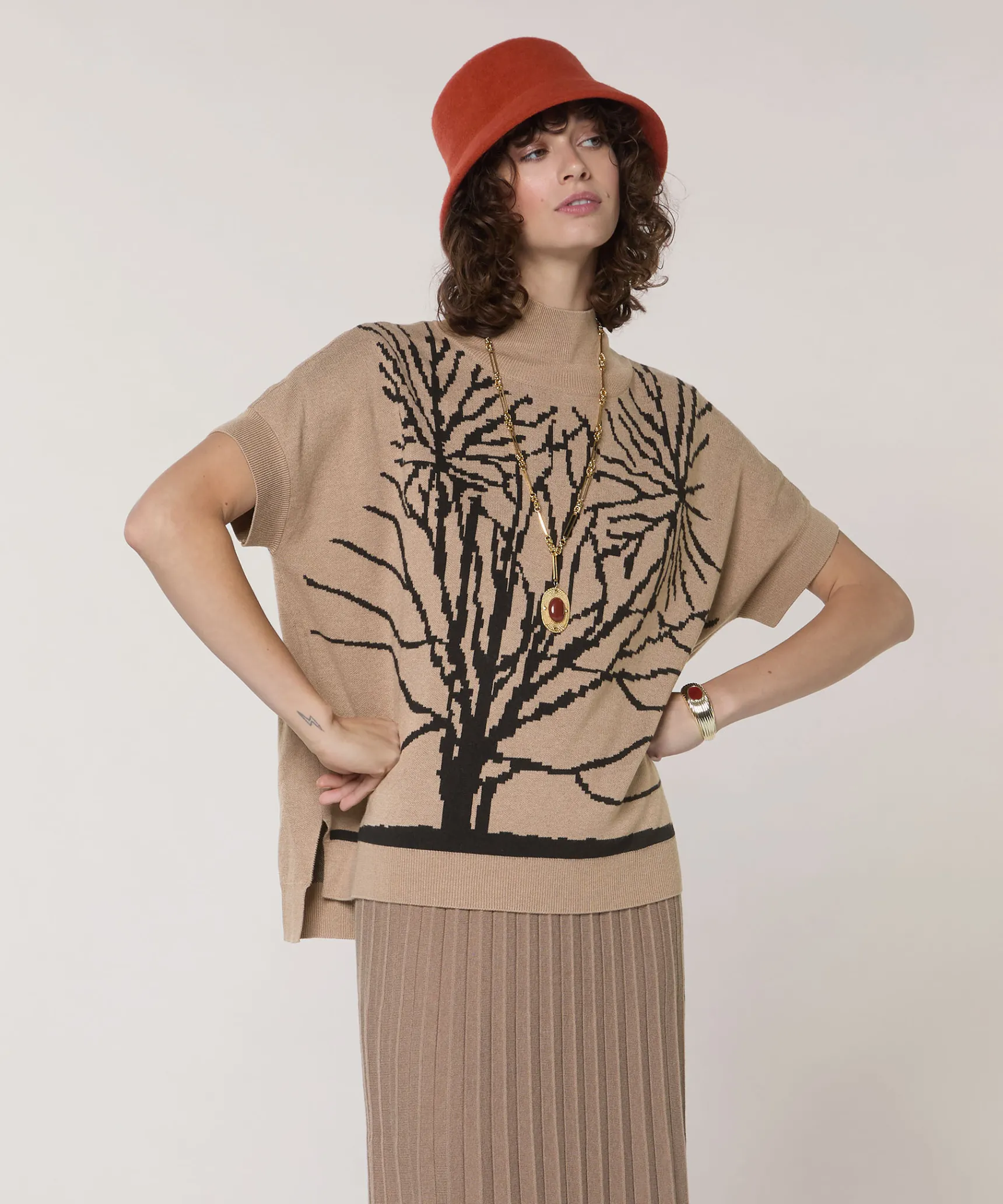 Best Rodier Pull col montant jacquard marron moka
