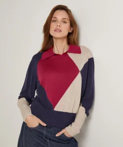 Online Rodier Pull col polo colorblock rouge grenat