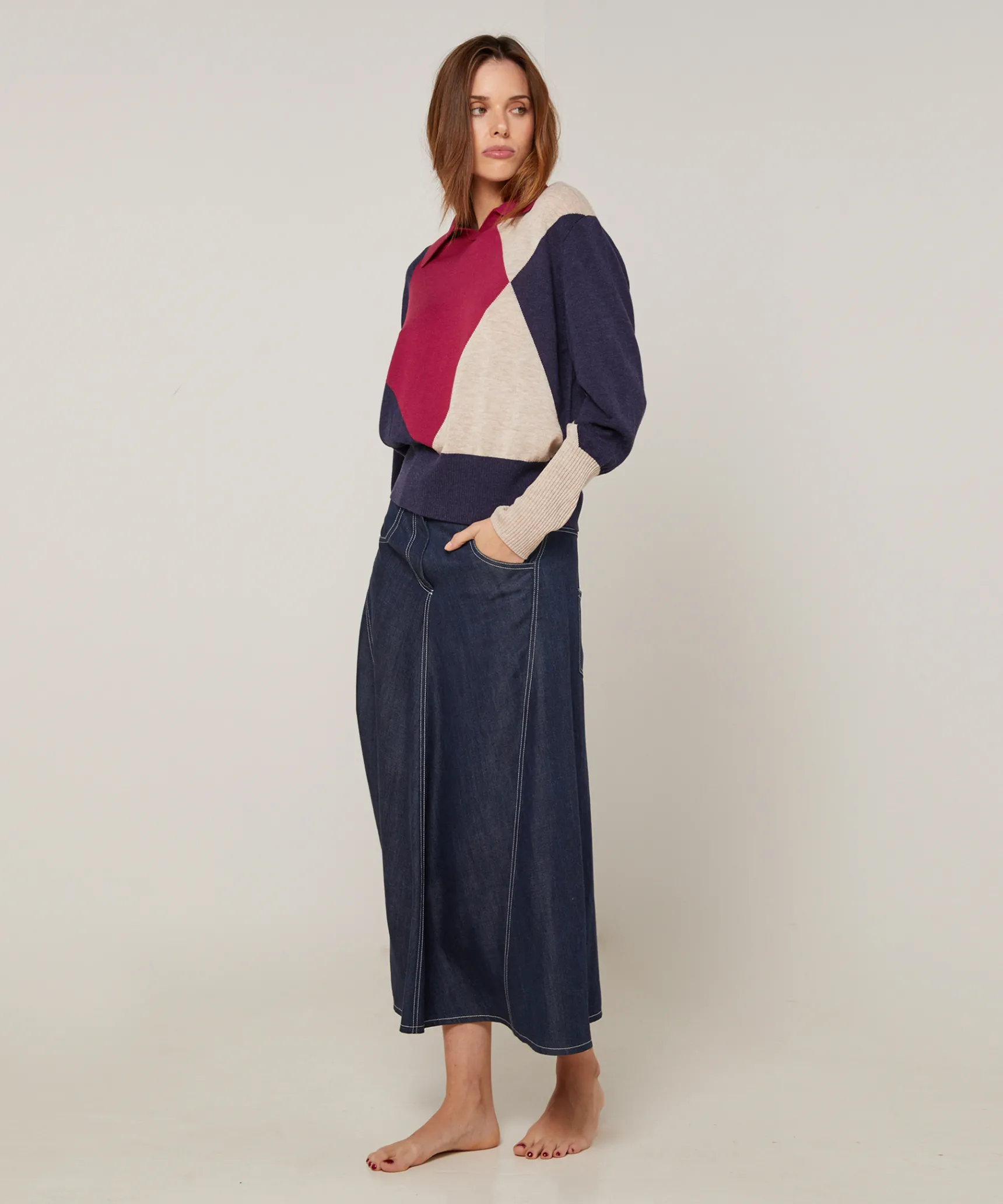 Online Rodier Pull col polo colorblock rouge grenat