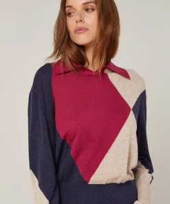 Online Rodier Pull col polo colorblock rouge grenat