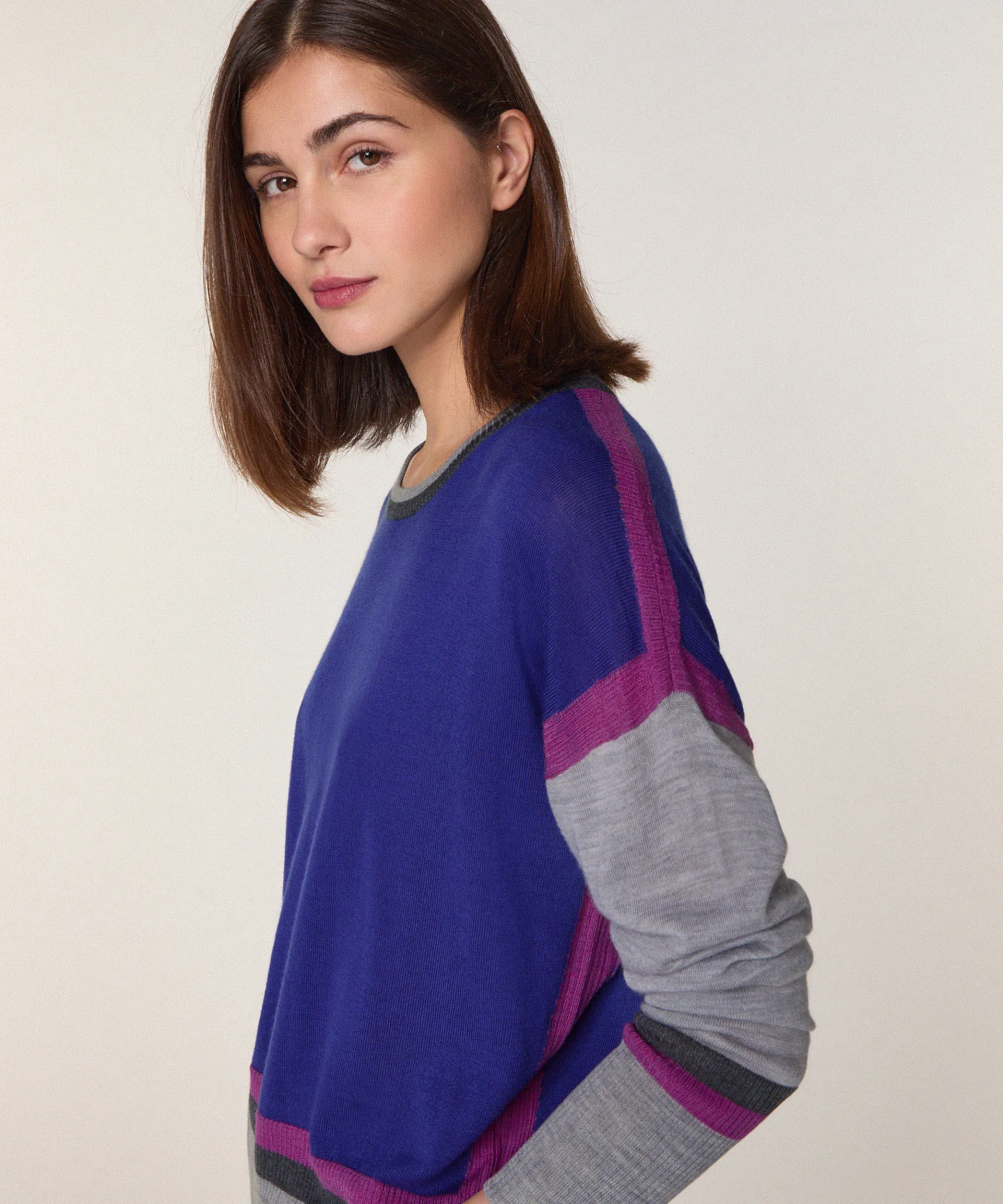 Rodier Pull col rond color block en laine mérinos bleu outremer