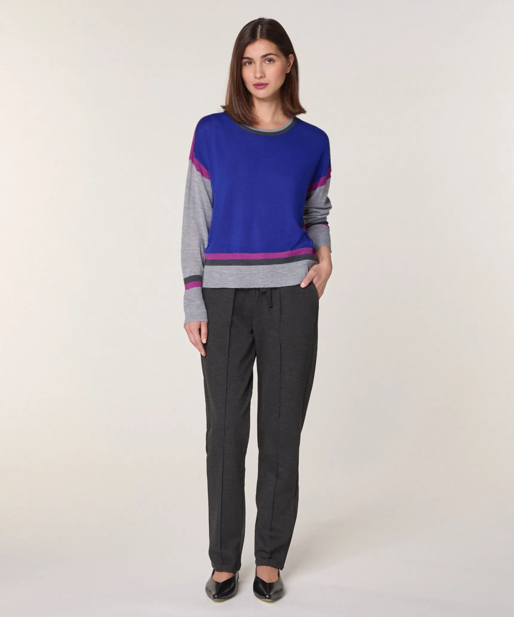 Rodier Pull col rond color block en laine mérinos bleu outremer