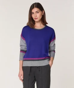 Rodier Pull col rond color block en laine mérinos bleu outremer