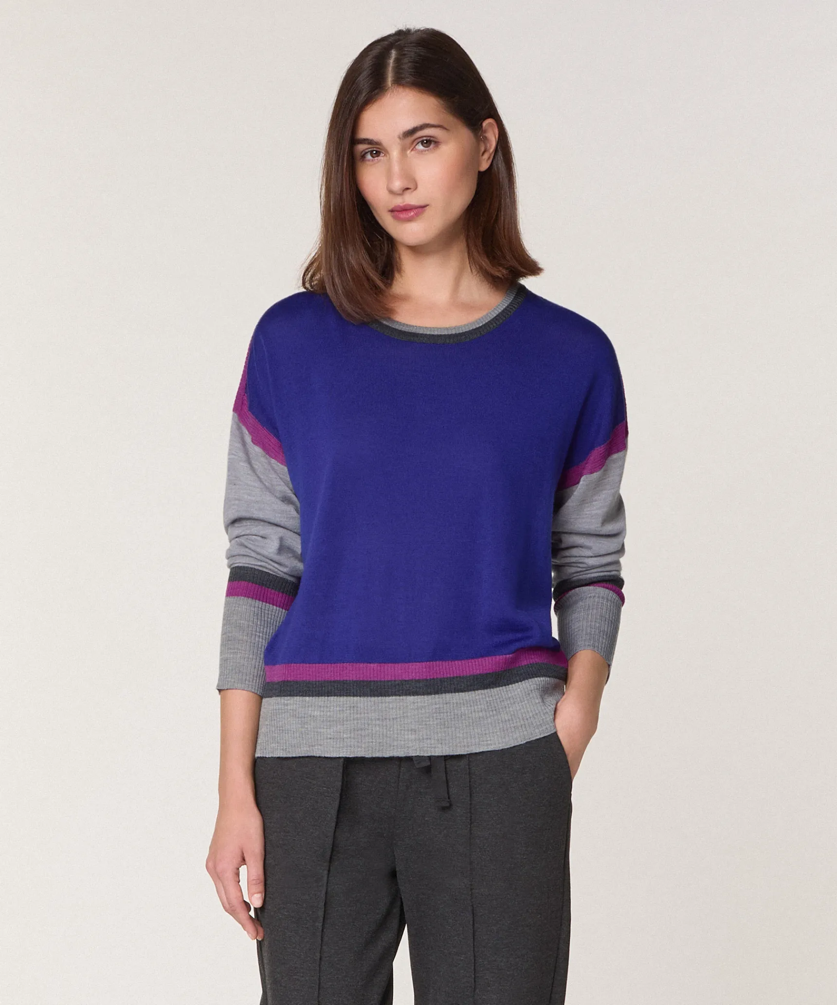 Rodier Pull col rond color block en laine mérinos bleu outremer