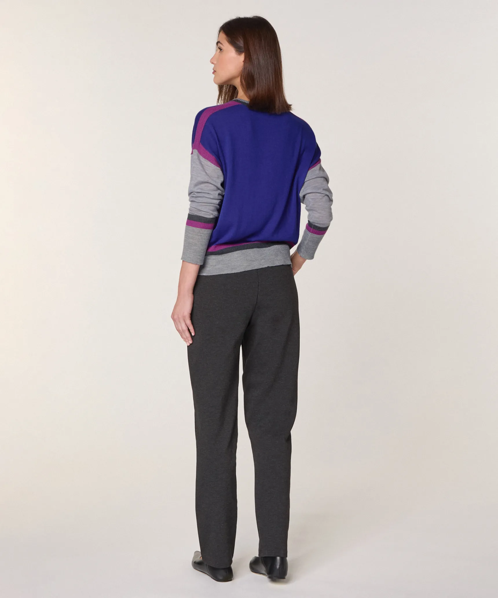 Rodier Pull col rond color block en laine mérinos bleu outremer