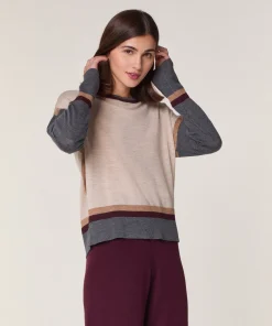 Clearance Rodier Pull col rond color block en laine mérinos blanc écru