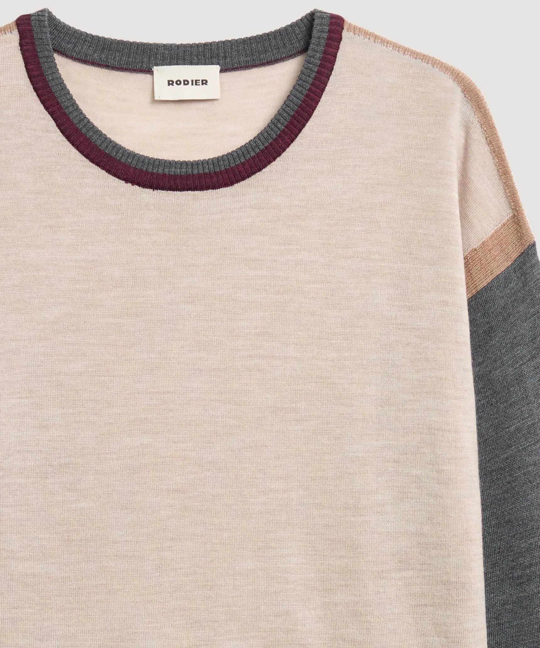 Clearance Rodier Pull col rond color block en laine mérinos blanc écru