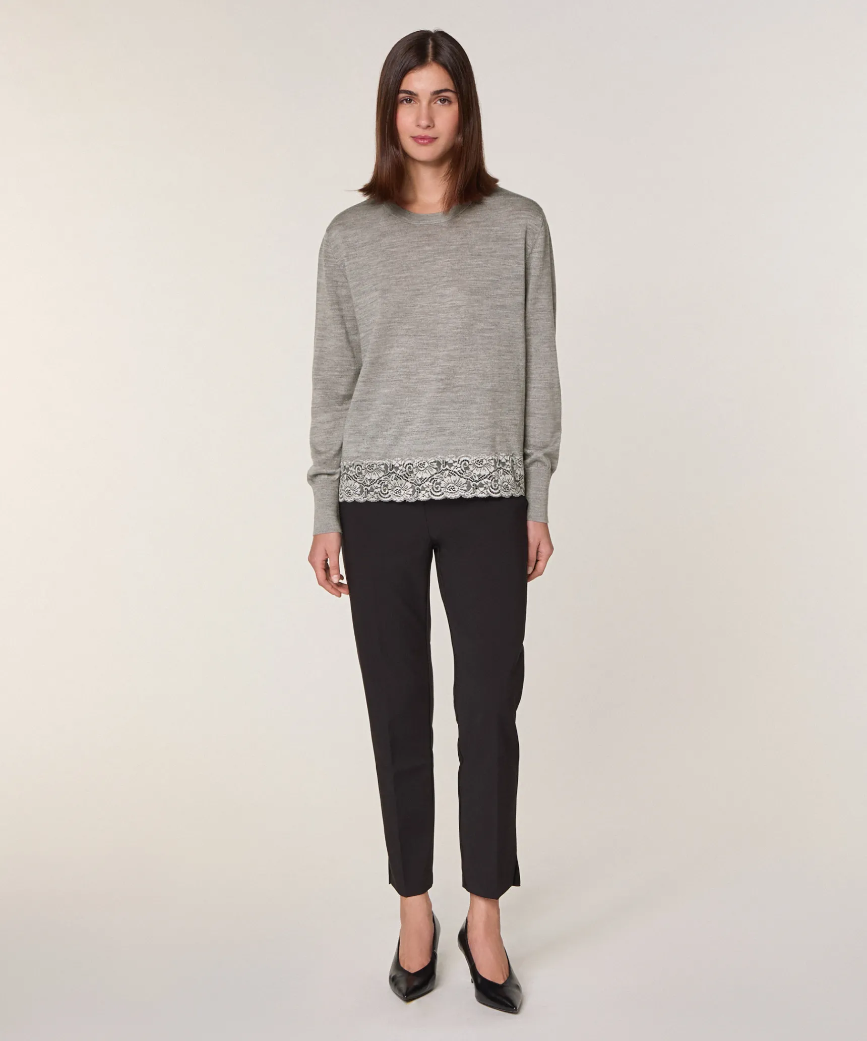 Clearance Rodier Pull col rond dentelle en laine gris foncé