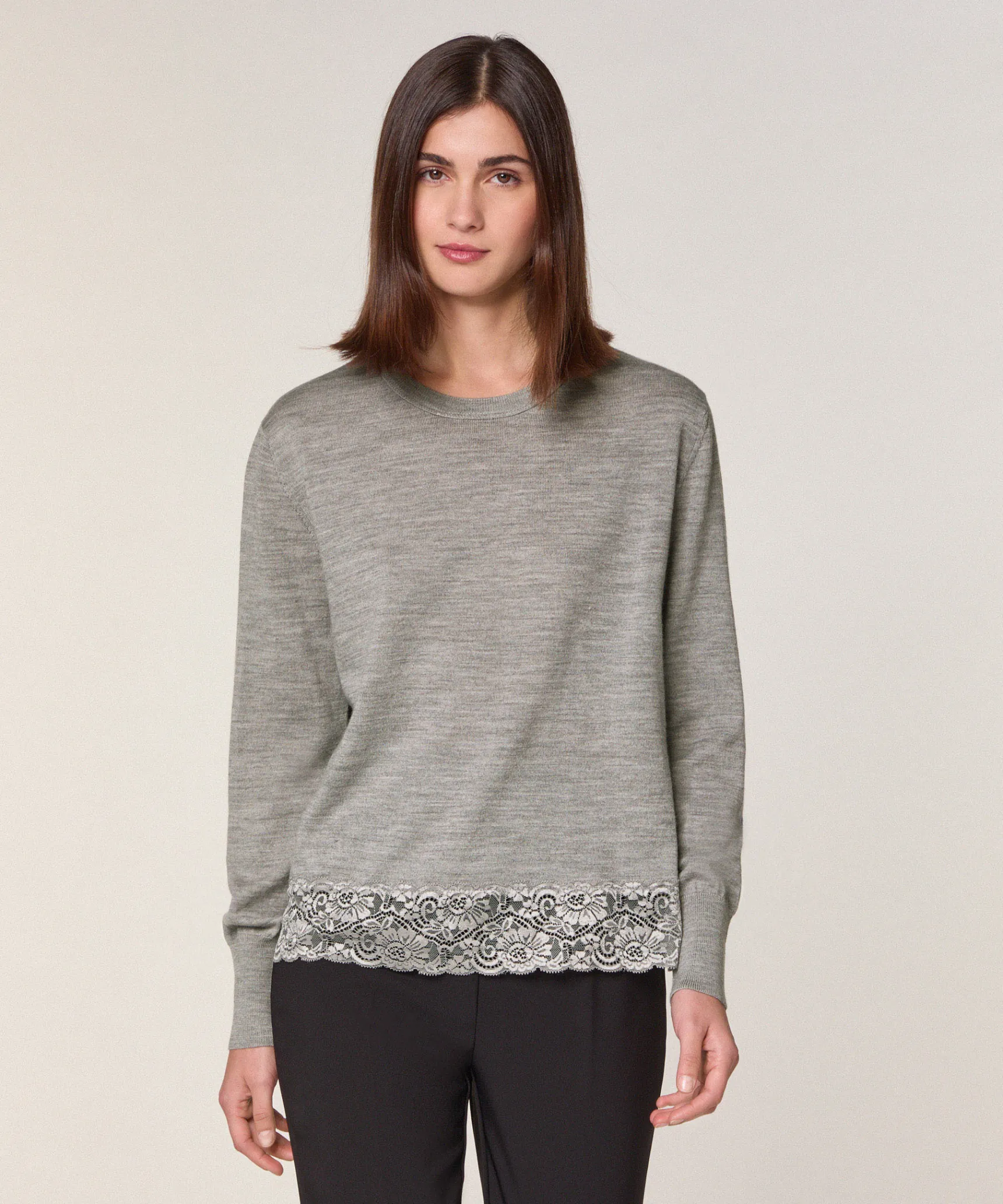 Clearance Rodier Pull col rond dentelle en laine gris foncé