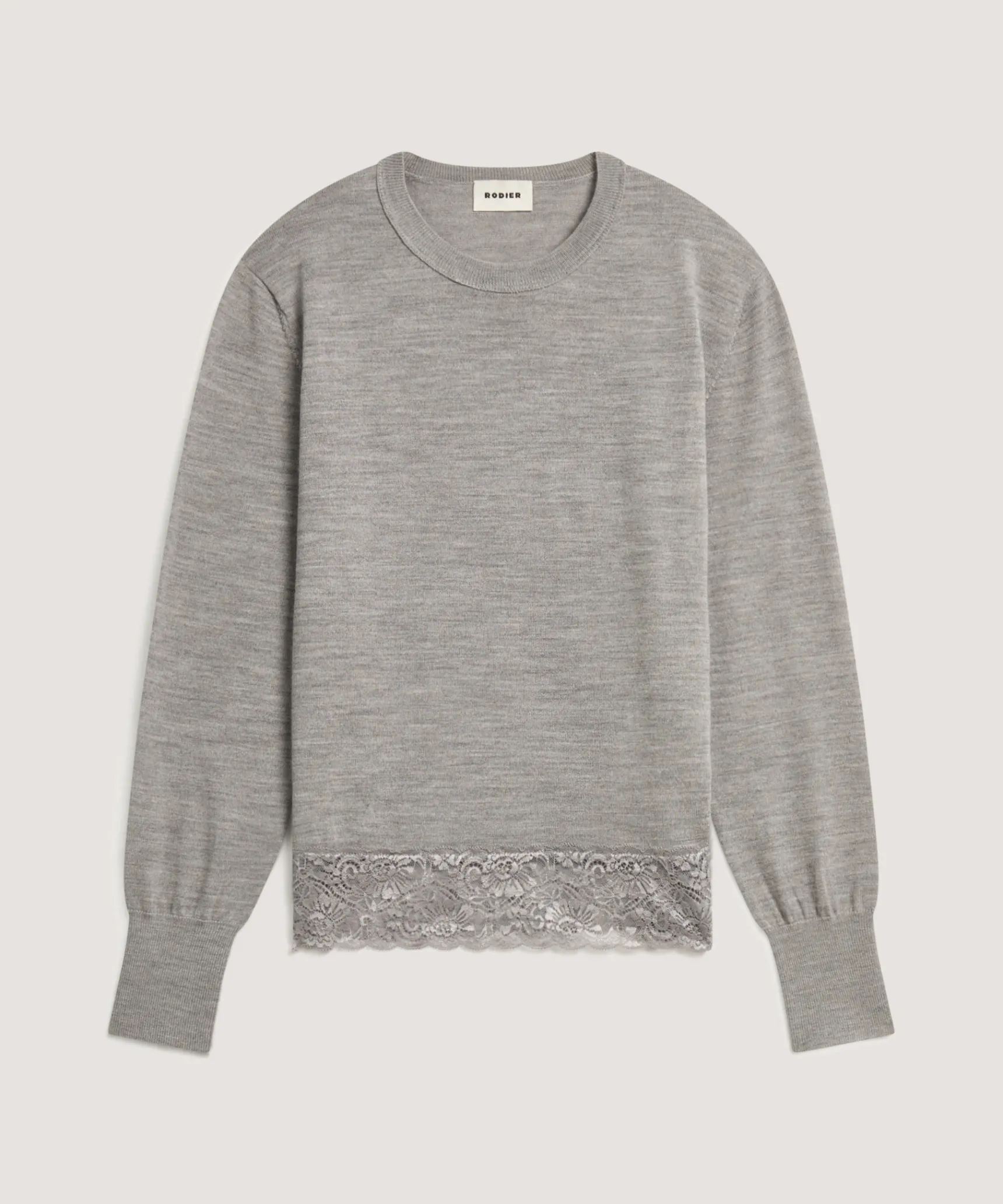 Clearance Rodier Pull col rond dentelle en laine gris foncé
