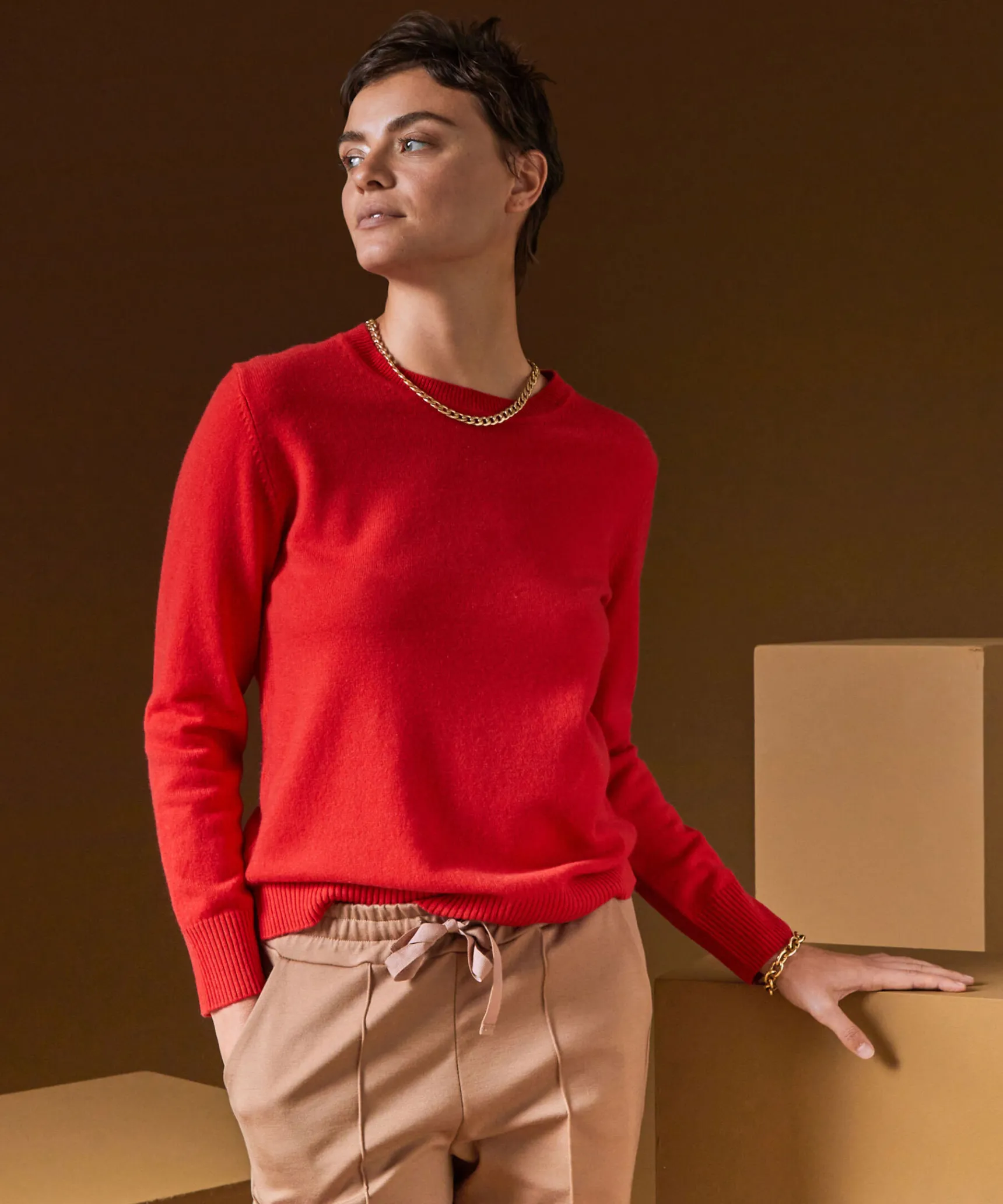 New Rodier Pull col rond en cachemire orange corail