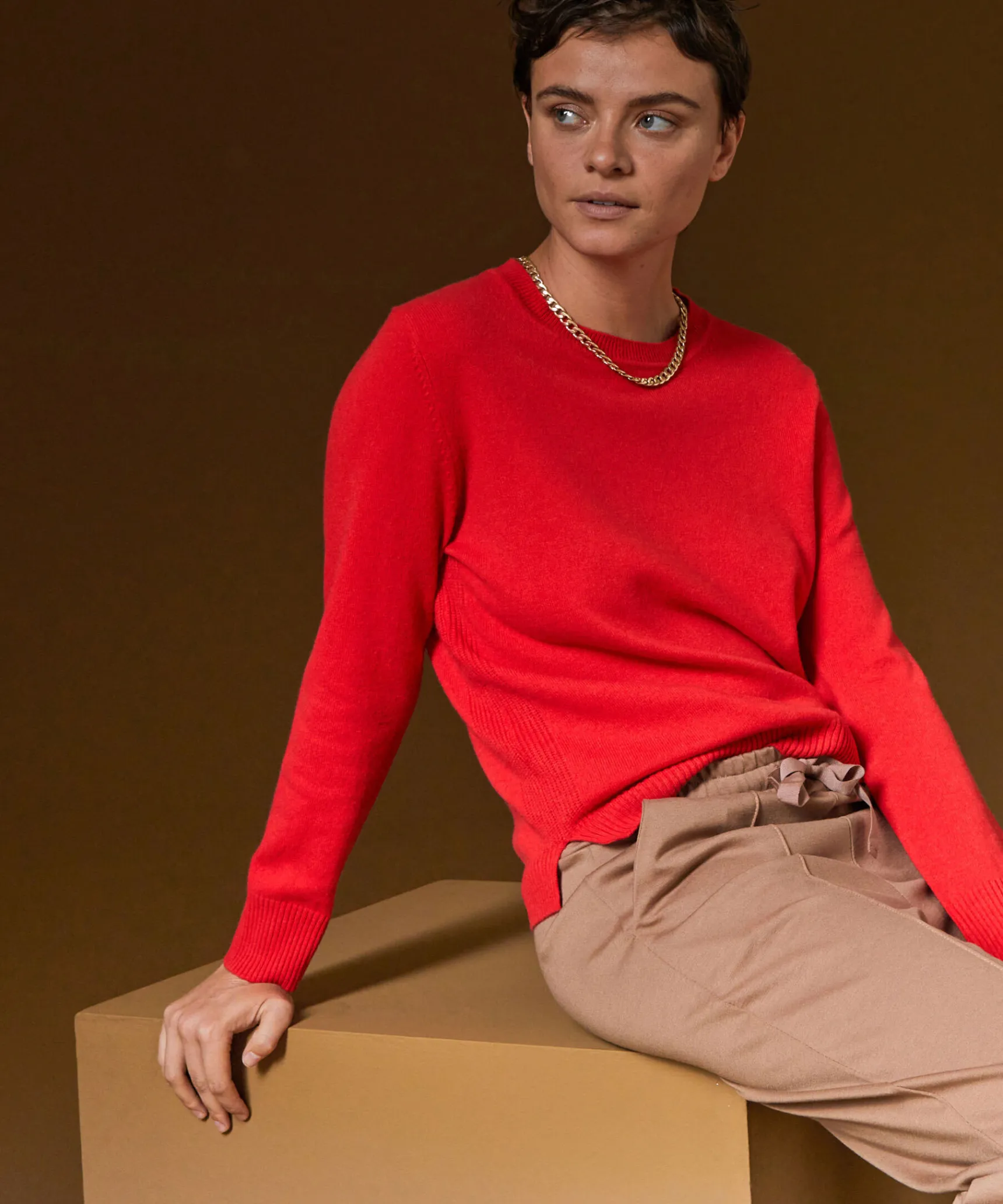 New Rodier Pull col rond en cachemire orange corail