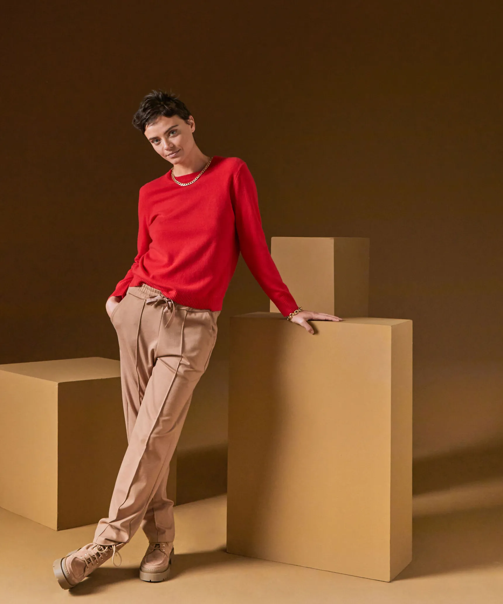 New Rodier Pull col rond en cachemire orange corail
